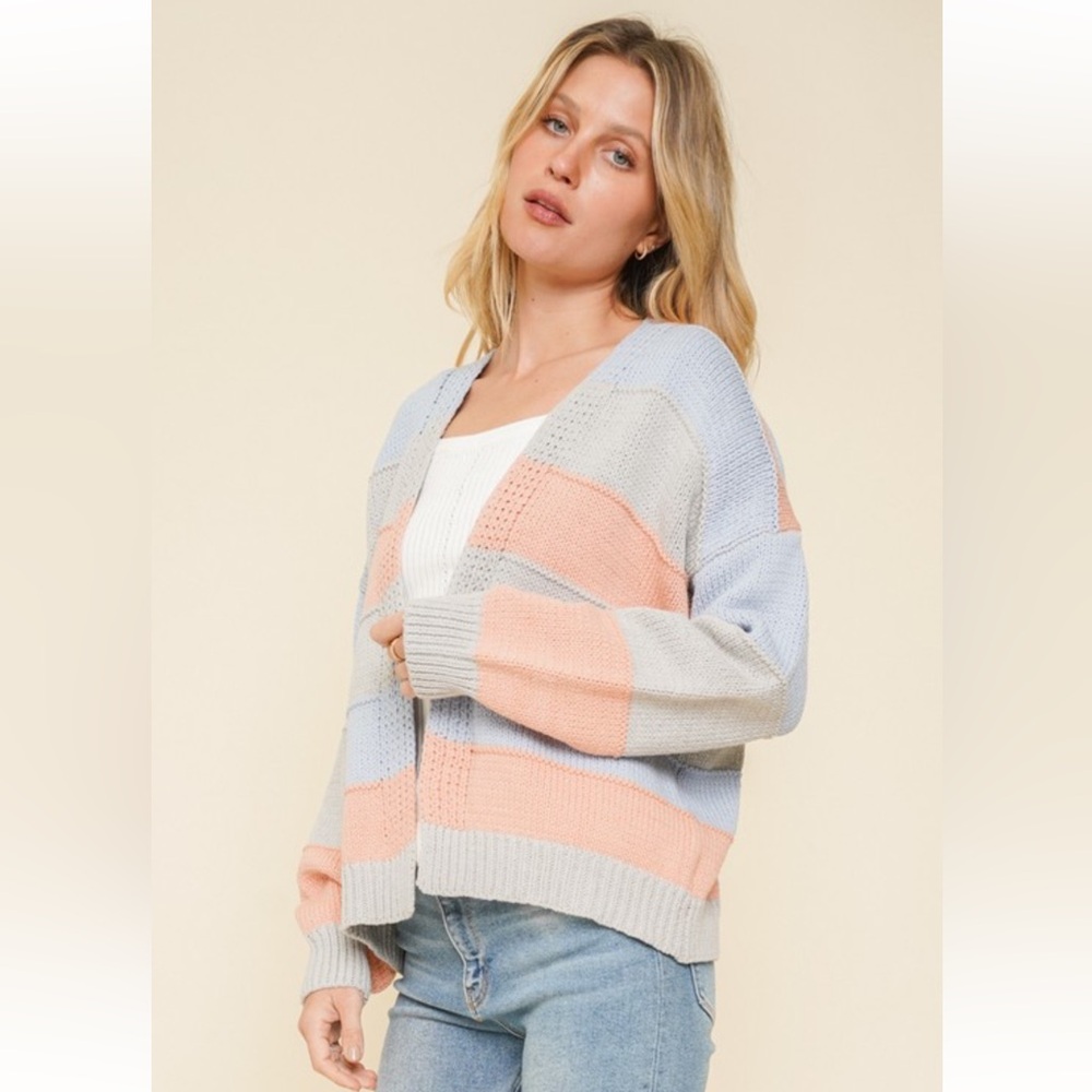 703. Hem & Thread Open Cardigan Sweater Color Block Stripe Cotton Blend New Item - Picture 3 of 12